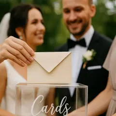 Dłoń wkłada kopertę do pudełka z napisem "Cards". Młoda para w tle uśmiecha się. Zastanawiasz się, nie idę na wesele ile dać do koperty?
