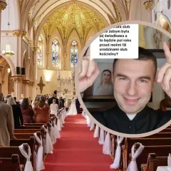 Wnętrze kościoła podczas ślubu. W okręgu ksiądz odpowiada na pytanie: czy świadek musi mieć bierzmowanie?