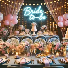 Stół na wieczór panieński udekorowany różowymi balonami, kwiatami i tortem. Napis "Bride to-be" świeci neonem.