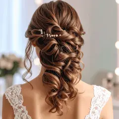 Eleganckie upięcie z półdługich włosów, idealne na wesele. Warkocz ozdobiony perłami, tworzy romantyczny look.