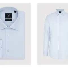 Jasnoniebieska koszula slim fit, idealna jako jaka koszula do granatowego garnituru na wesele.