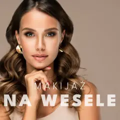 Elegancka kobieta z falowanymi włosami i mocnym makijażem na wesele. Złote kolczyki dodają blasku.