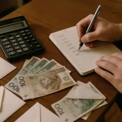 Koperty, banknoty 100 zł, kalkulator i notatnik z zapiskami.