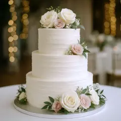 Elegancki, trójpoziomowy tort weselny z kremowymi różami i zielenią. Idealny na przyjęcie, a jego tort weselny cena zależy od detali.