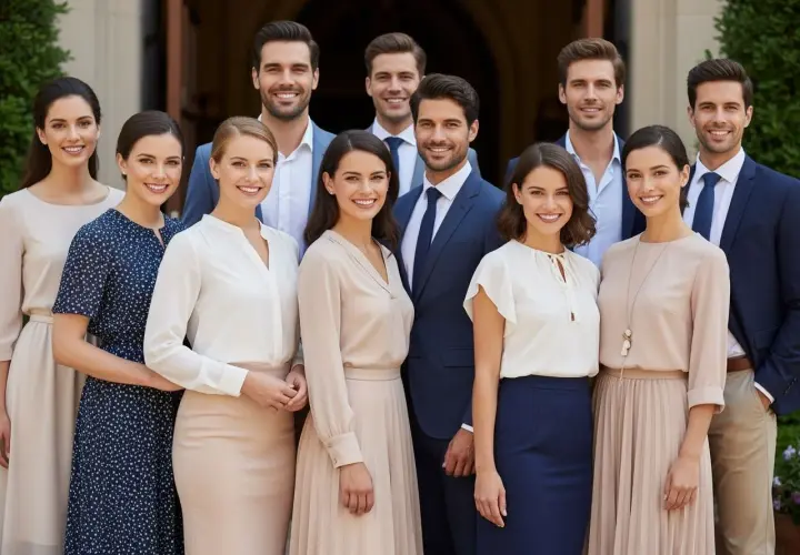 Eleganckie stroje dla kobiet i mężczyzn, idealne na niedzielne wyjście do kościoła.
