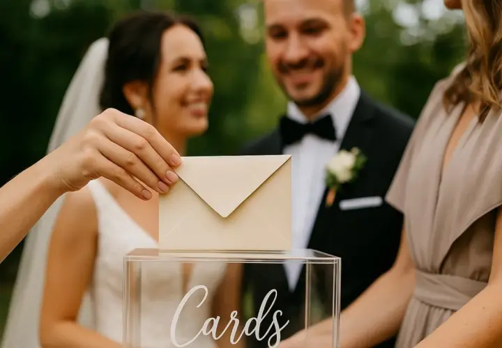 Dłoń wkłada kopertę do pudełka z napisem "Cards". Młoda para w tle uśmiecha się. Zastanawiasz się, nie idę na wesele ile dać do koperty?