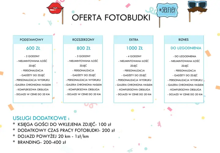 Oferta fotobudki: pakiet podstawowy 600 zł, rozszerzony 800 zł, extra 1000 zł. Sprawdź, ile kosztuje fotobudka na Twoje wydarzenie!