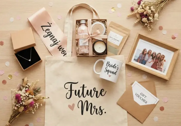 Elegancki prezent na wieczór panieński: torba z napisem "Future Mrs.", naszyjnik, kosmetyki, kubek "Bride's Squad", ramka ze zdjęciem i voucher.