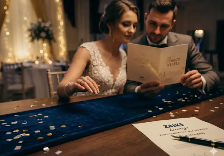 Para młoda przegląda kartkę "Nasze Wesele". Na stole leży dokument ZAIKS Licencja.