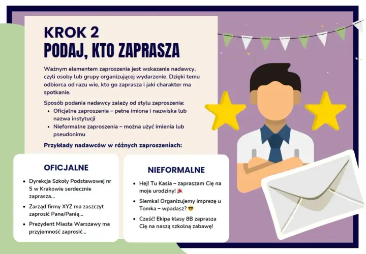 Jak powinno wyglądać zaproszenie? Krok 2: Podaj, kto zaprasza. Ilustracja pokazuje oficjalne i nieformalne przykłady nadawców zaproszeń.