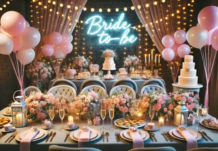 Stół na wieczór panieński udekorowany różowymi balonami, kwiatami i tortem. Napis "Bride to-be" świeci neonem.
