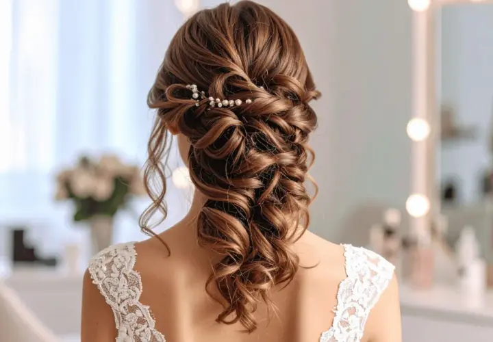 Eleganckie upięcie z półdługich włosów, idealne na wesele. Warkocz ozdobiony perłami, tworzy romantyczny look.