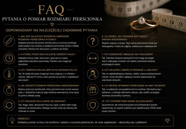 Obwód palca 6 cm jaki to rozmiar? Na stronie FAQ znajdziesz wskazówki, jak zmierzyć palec i dobrać idealny pierścionek.