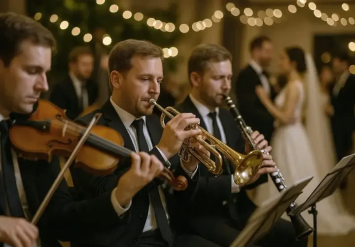 Orkiestra weselna grająca na żywo. Zastanawiasz się, ile kosztuje orkiestra na wesele? Muzycy tworzą wyjątkową atmosferę.