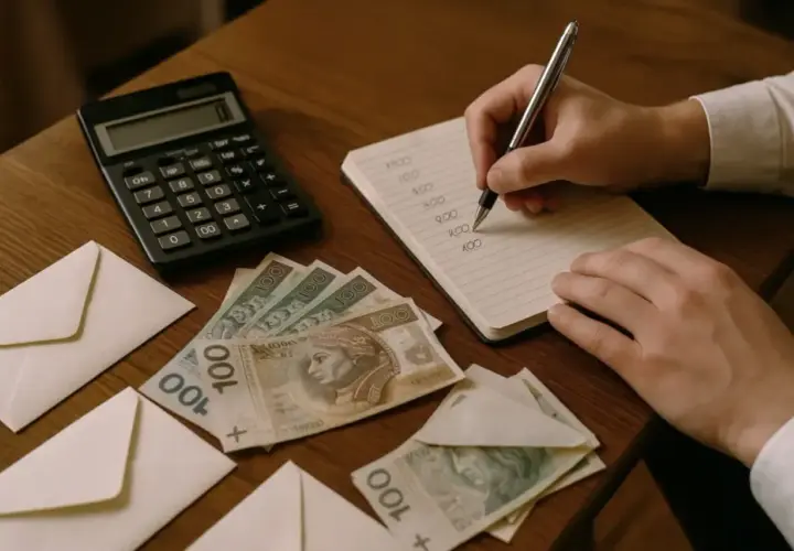 Koperty, banknoty 100 zł, kalkulator i notatnik z zapiskami.