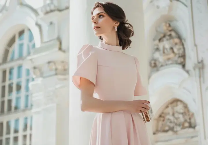 Kobieta w pastelowej sukience z bufkami, trzymająca kopertówkę, na tle eleganckiej architektury.