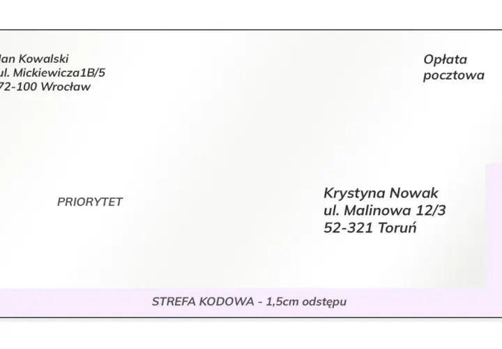 Jak opisać kopertę: dane nadawcy (Jan Kowalski, Wrocław), odbiorcy (Krystyna Nowak, Toruń), priorytet i opłata pocztowa.