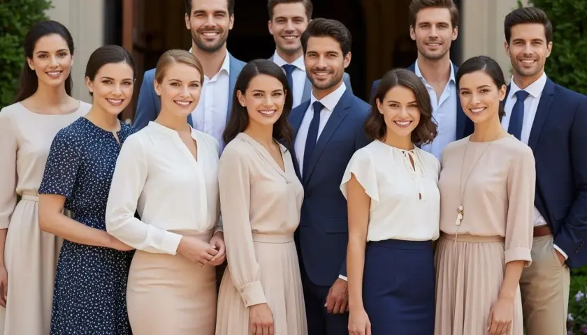 Eleganckie stroje dla kobiet i mężczyzn, idealne na niedzielne wyjście do kościoła.