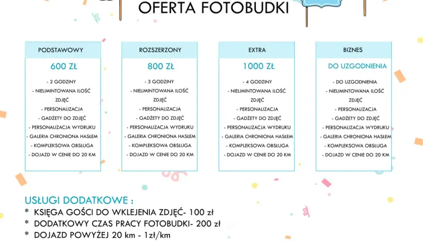 Oferta fotobudki: pakiet podstawowy 600 zł, rozszerzony 800 zł, extra 1000 zł. Sprawdź, ile kosztuje fotobudka na Twoje wydarzenie!