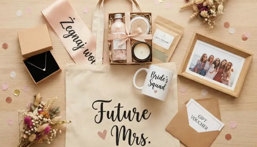 Elegancki prezent na wieczór panieński: torba z napisem "Future Mrs.", naszyjnik, kosmetyki, kubek "Bride's Squad", ramka ze zdjęciem i voucher.