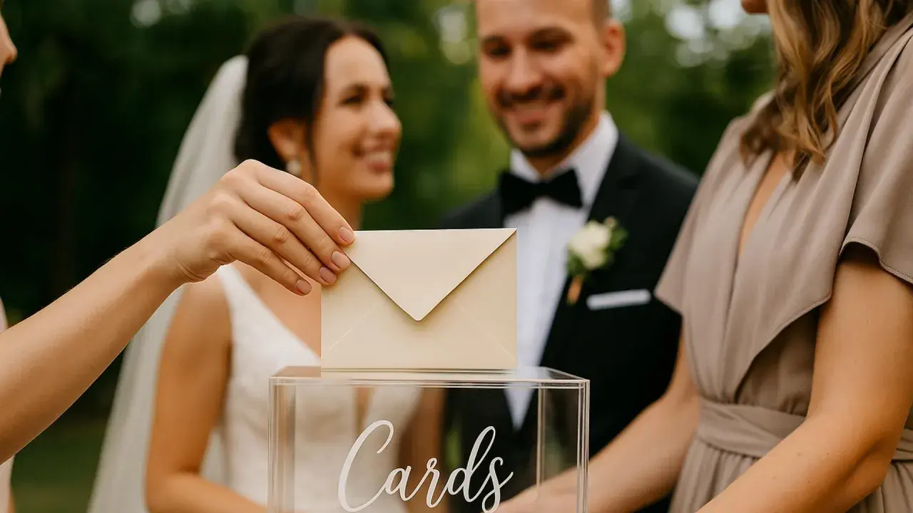 Dłoń wkłada kopertę do pudełka z napisem "Cards". Młoda para w tle uśmiecha się. Zastanawiasz się, nie idę na wesele ile dać do koperty?