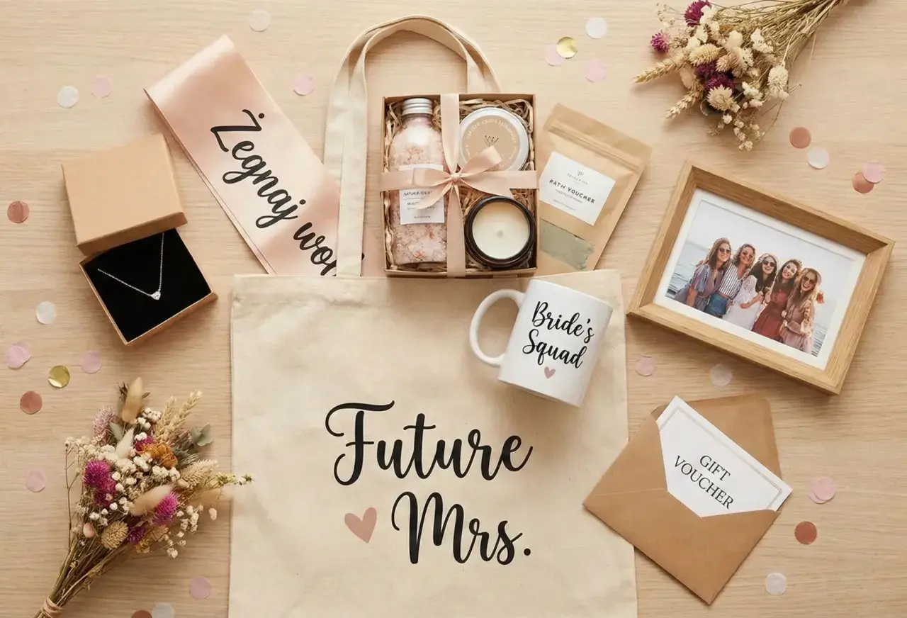 Elegancki prezent na wieczór panieński: torba z napisem "Future Mrs.", naszyjnik, kosmetyki, kubek "Bride's Squad", ramka ze zdjęciem i voucher.