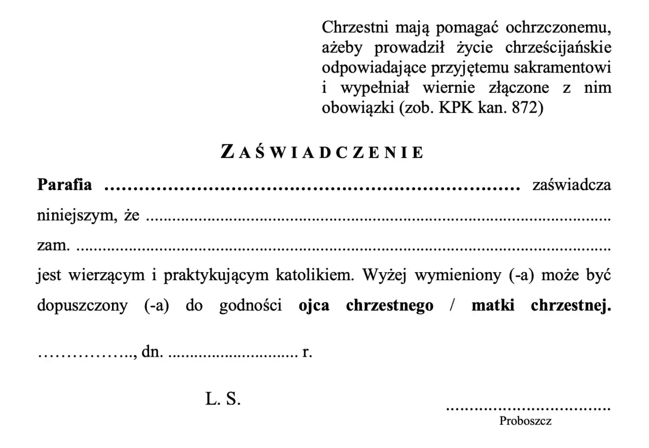 Zaświadczenie o byciu wierzącym katolikiem, potrzebne do godności ojca chrzestnego. Czy za zaświadczenie do chrztu się płaci? Dokument nie zawiera informacji o opłatach.