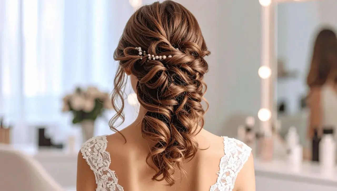 Eleganckie upięcie z półdługich włosów, idealne na wesele. Warkocz ozdobiony perłami, tworzy romantyczny look.