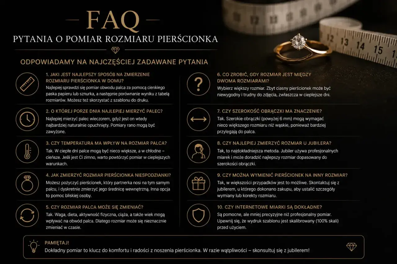 Obwód palca 6 cm jaki to rozmiar? Na stronie FAQ znajdziesz wskazówki, jak zmierzyć palec i dobrać idealny pierścionek.