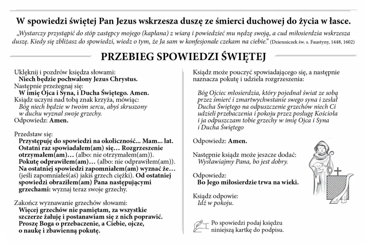 Formuła spowiedzi dla dorosłego: tekst zawiera modlitwy i wskazówki, jak przystąpić do sakramentu pokuty i pojednania.
