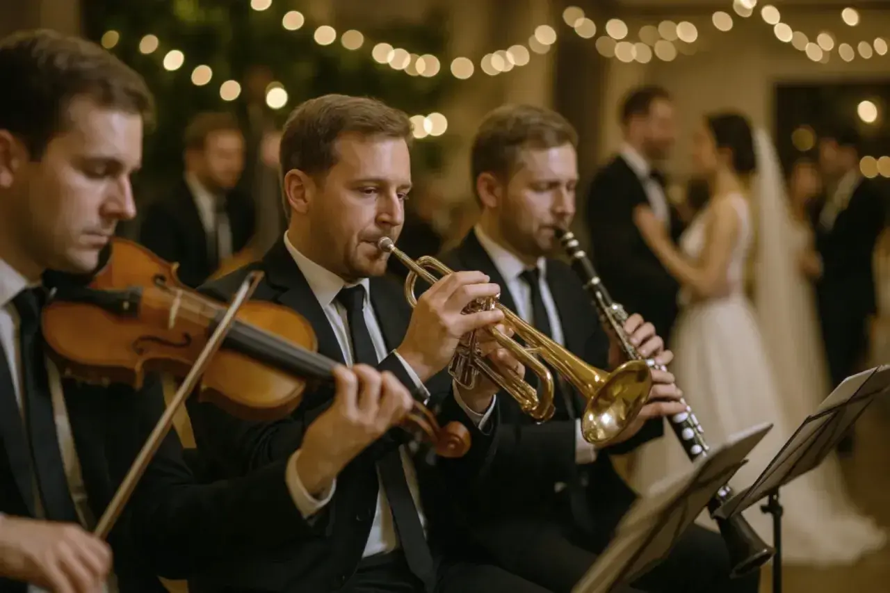Orkiestra weselna grająca na żywo. Zastanawiasz się, ile kosztuje orkiestra na wesele? Muzycy tworzą wyjątkową atmosferę.