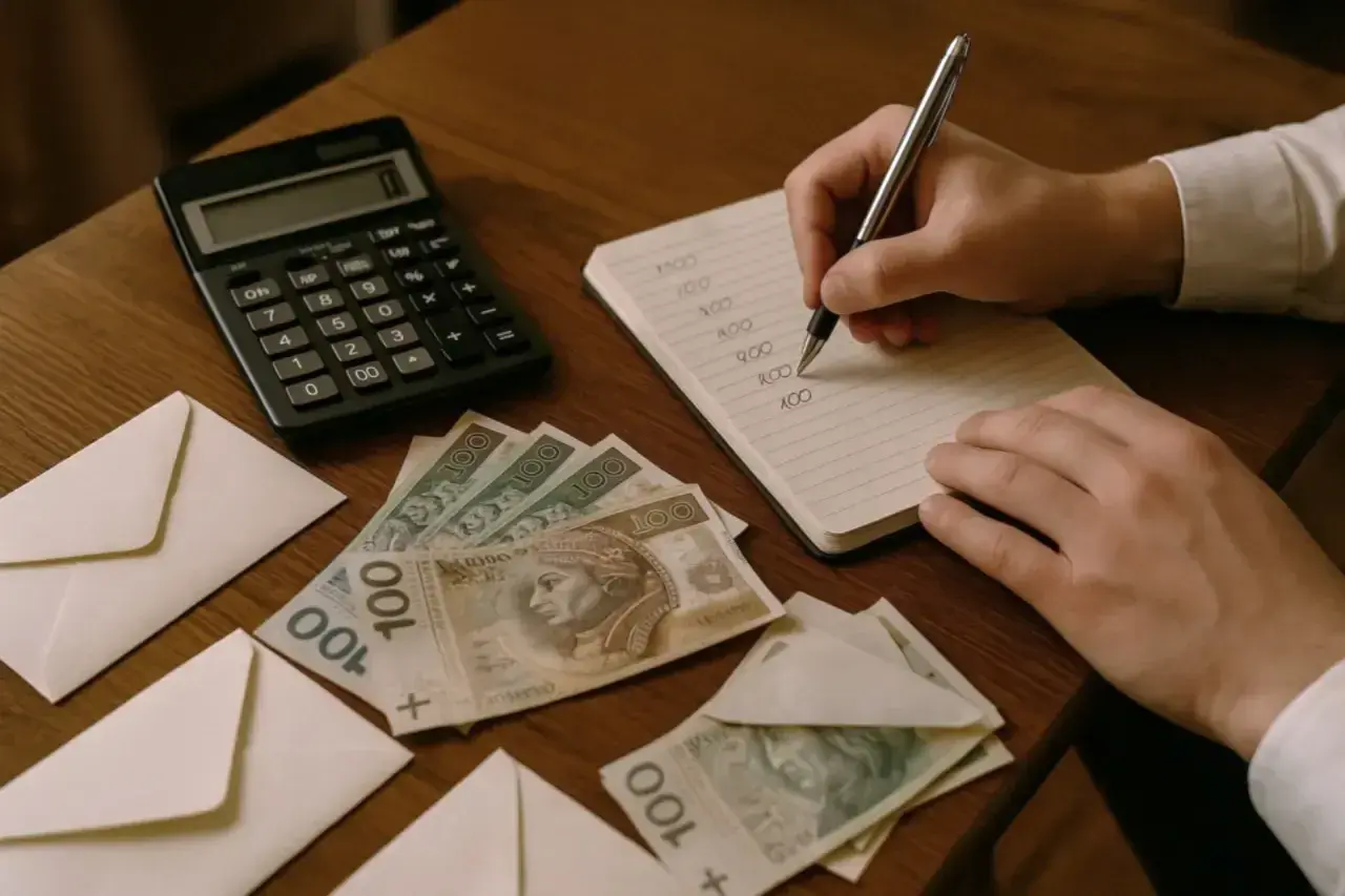 Koperty, banknoty 100 zł, kalkulator i notatnik z zapiskami.