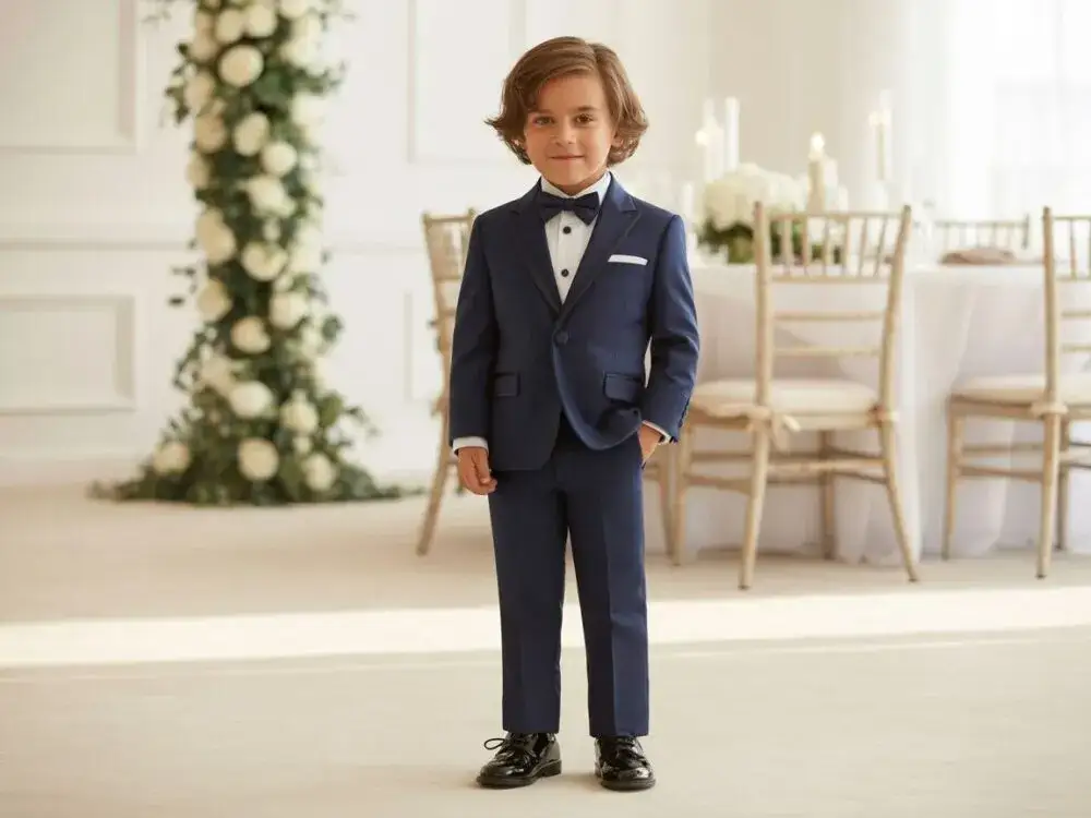 dwuletni chłopiec elegancko ubrany na wesele w spodnie chino i muszkę