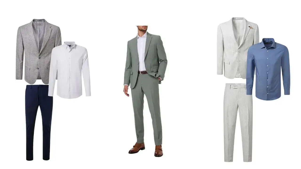 Eleganckie stylizacje dla chrzestnego na komunii: garnitur, marynarka, koszula i spodnie w różnych kolorach.